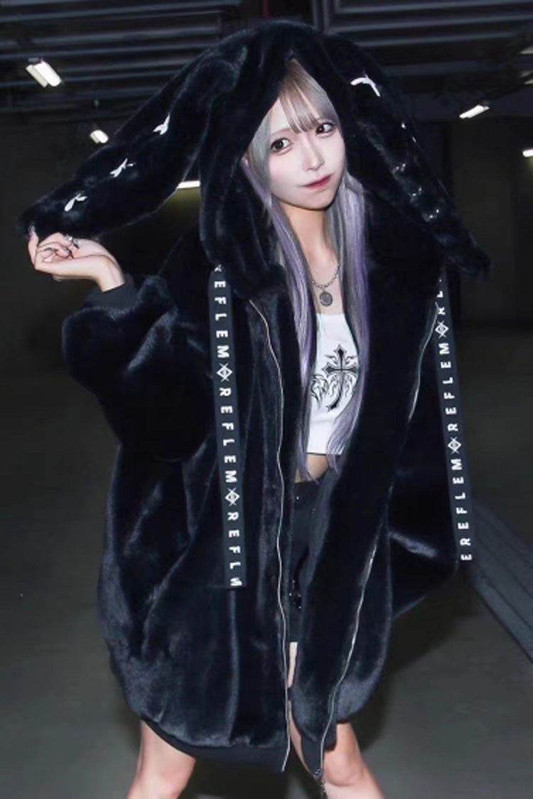 Black Rabbit Ears Long Sleeves Hooded Punk Jirai Kei Coat - Black - 1