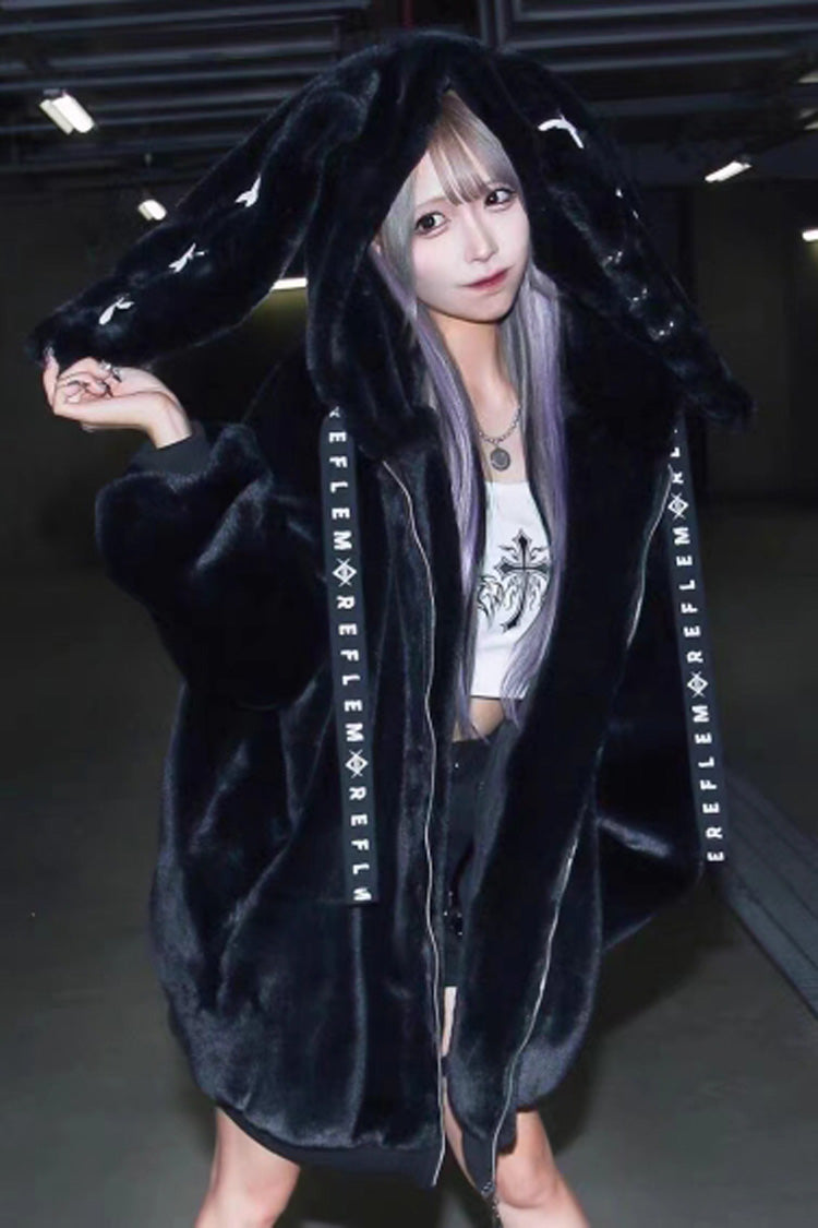 Black Rabbit Ears Long Sleeves Hooded Punk Jirai Kei Coat - Black - 1