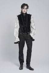 Black Stand Collar Sleeveless Jacquard Embroidered Buckled Pleated Men's Gothic Vest - Product - 2