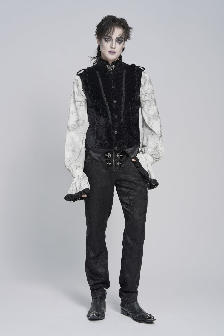 Black Stand Collar Sleeveless Jacquard Embroidered Buckled Pleated Men's Gothic Vest - Product - 2