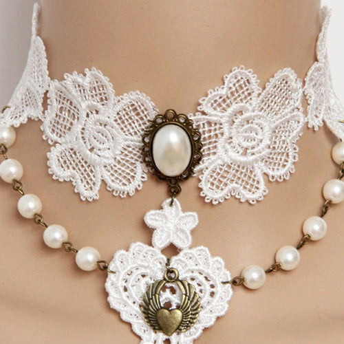 White Vintage Baroque Bride Bridesmaid Pearl Love Lace Flower Wings Lolita Necklace - White - 1