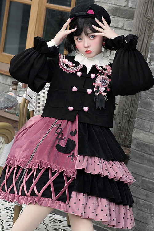 Pink/Black Vintage Stitching Strawberry Sweet Lolita JSK Dress - Product - 4