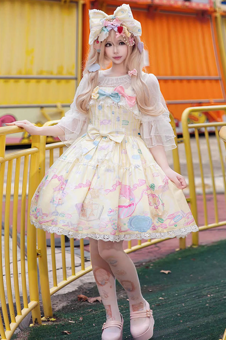 Yellow [Macaron Dolly House] Sleeveless Print Bowknot Sweet Lolita Jsk Dress - Yellow - 1
