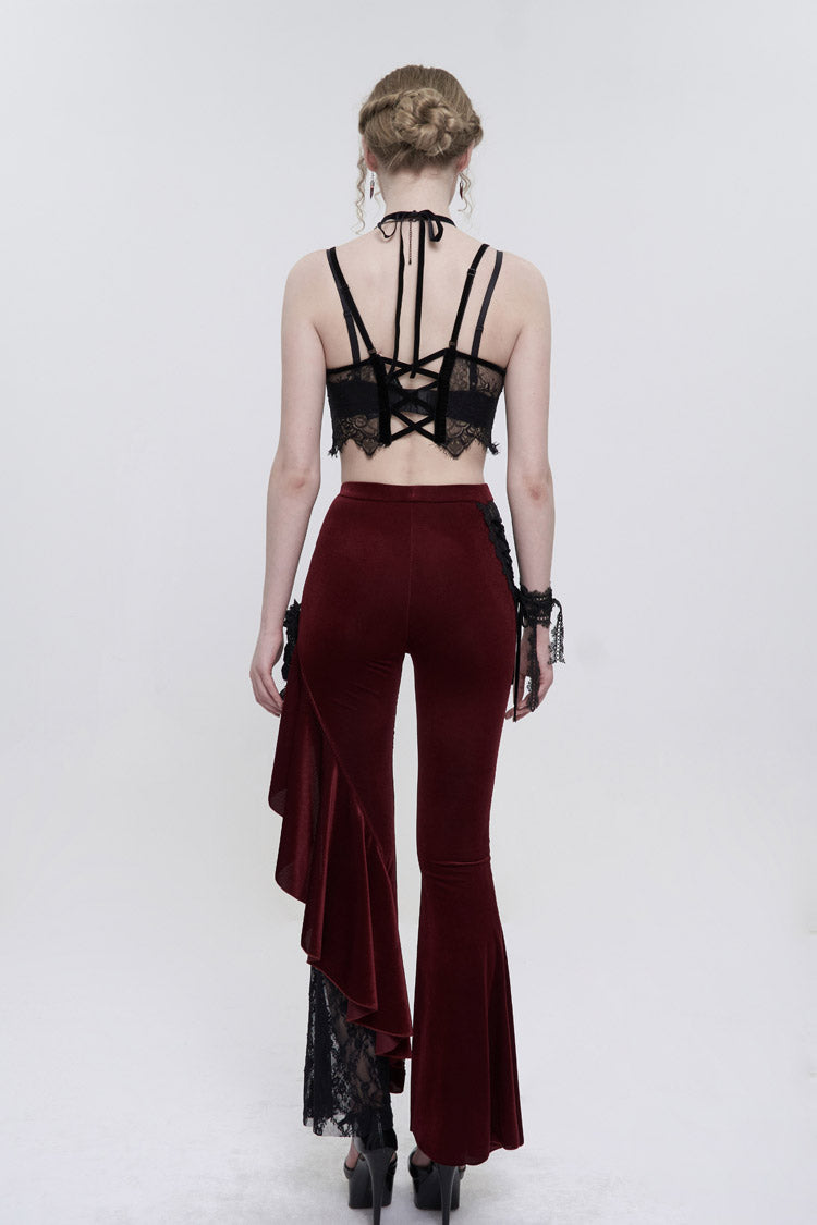 Red Velvet Single Side Stitching Rose Net Side Rope Decoration Asymmetric Pattern Flare Women's Gothic Pants - Product - 7