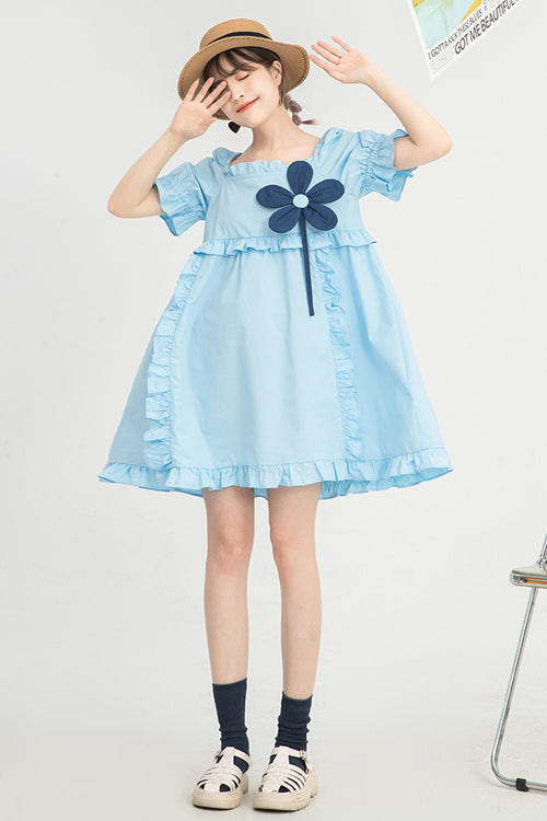 Blue Ruffled Square Collar Flower Accessory Short Sleeves Sweet Lolita Dress - Product - 2