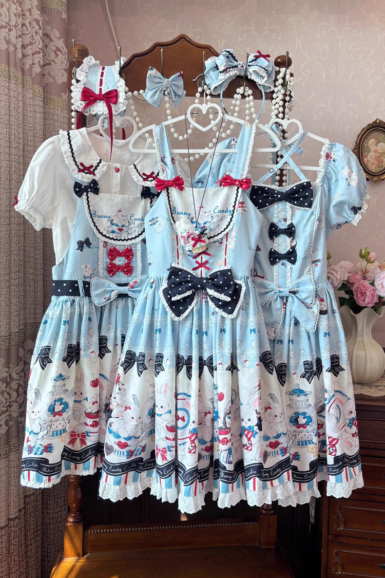 Blue [Mystery Rabbit Tea Party] Sleeveless Print Ruffle Bowknot Lace Sweet Lolita Jsk Dress - Product - 4