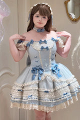 [Wind Chime Poem] Square Collar Flutter Sleeves Triple-Layered Printed Ruffled Bow Sweet Lolita Jsk Dress 4 Colors (Blue, Pink, Purple, Green) - Product - 7