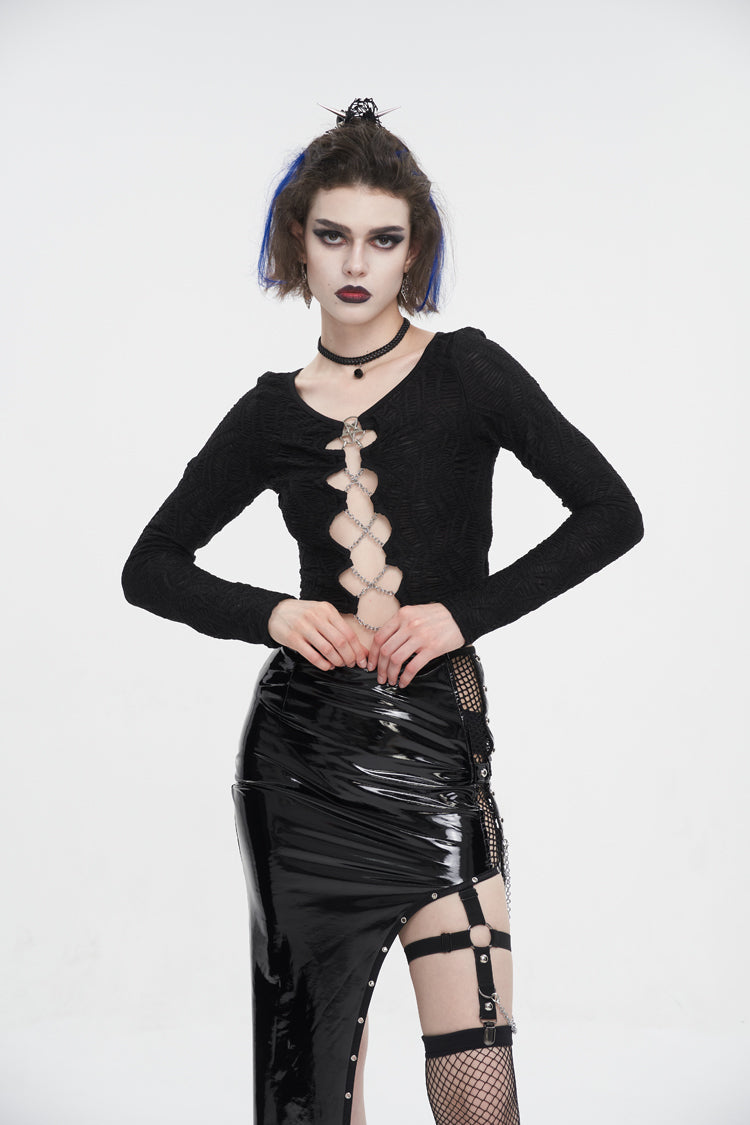 Black Cutout Ruched Chain Women's Punk Jacket - Black - 1