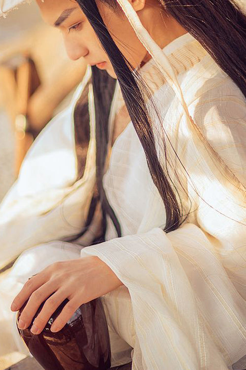Beige Chinese Style Ancient Costume Knight Wide Sleeved Classic Mens Hanfu Full Set - Product - 4