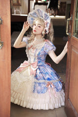 [Angel Heart Sky Oil Painting] Print Ruffle Cardigan Bowknot Sweet Princess Lolita Dress 3 Colors - Product - 11