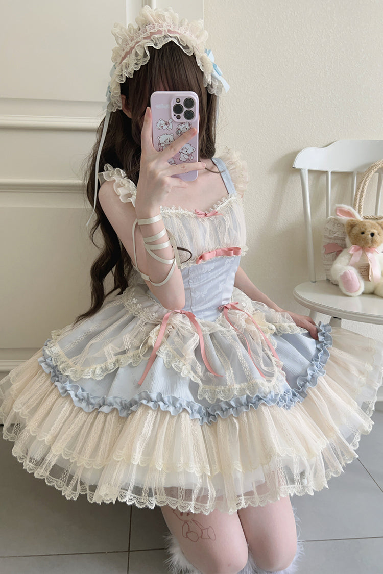 [Flower Season] Bowknot Lace Sweet Ballet Lolita Jsk Dress 4 Colors - Blue - 15