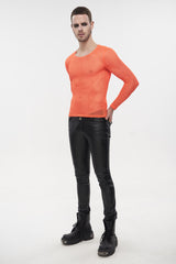 Orange Elasticity High Neck Long Sleeve Mesh Men's Gothic T-Shirt - Product - 4