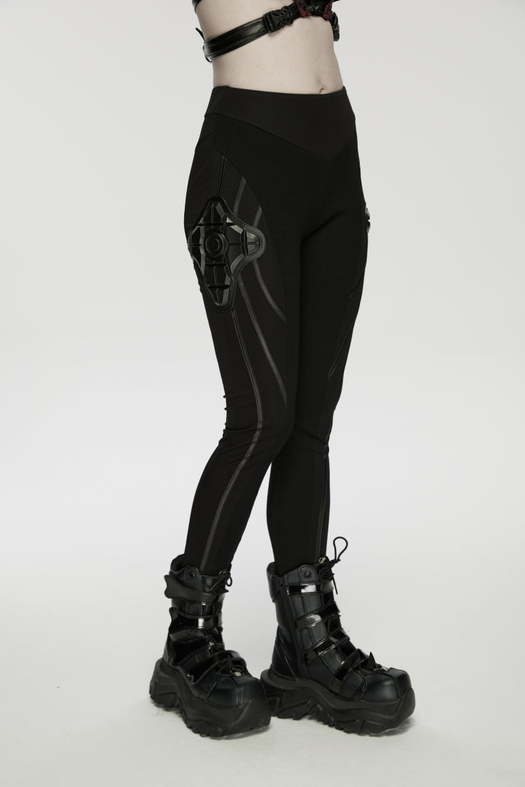 Black Slim Women's Armor-Accentuated Paneled Punk Leggings - Product - 9