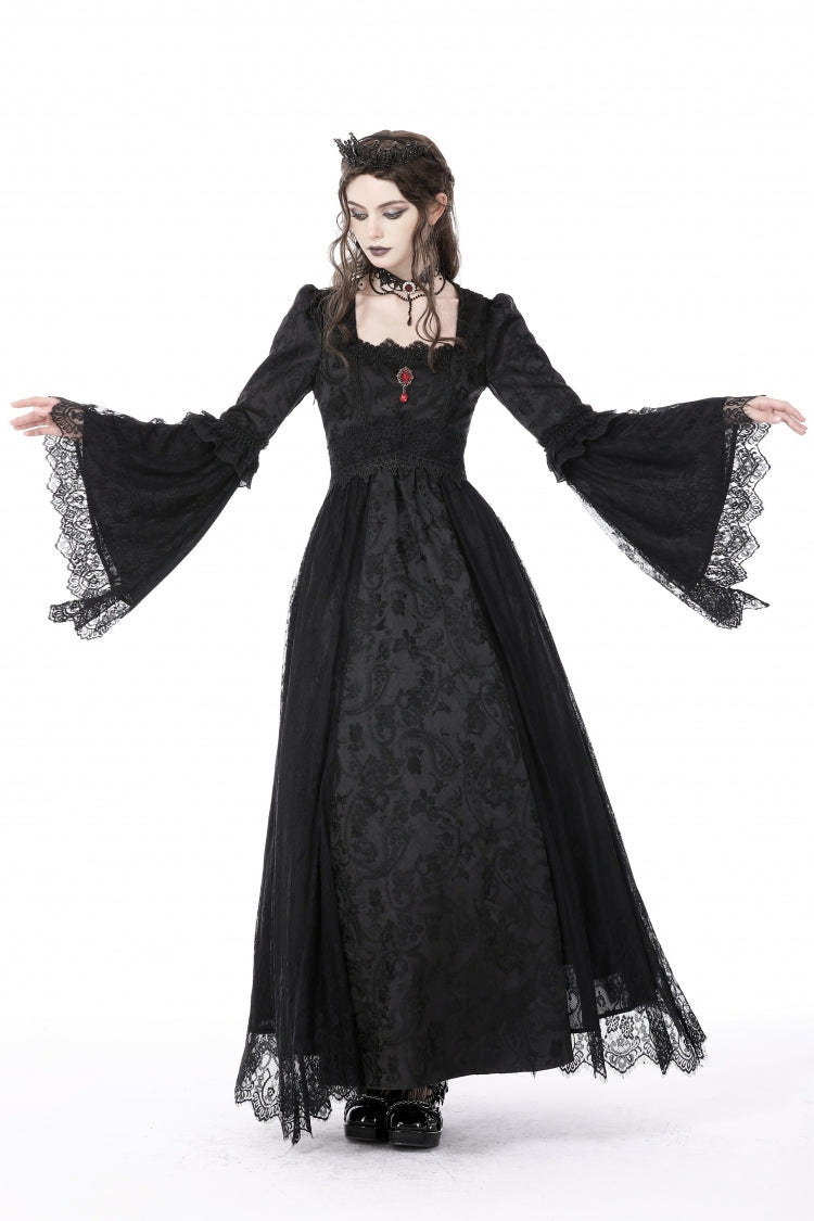 Black Square Collar Long Hime Sleeves Embroidered Lace Spliced Women's Gothic Maxi Wedding Dress - Product - 7