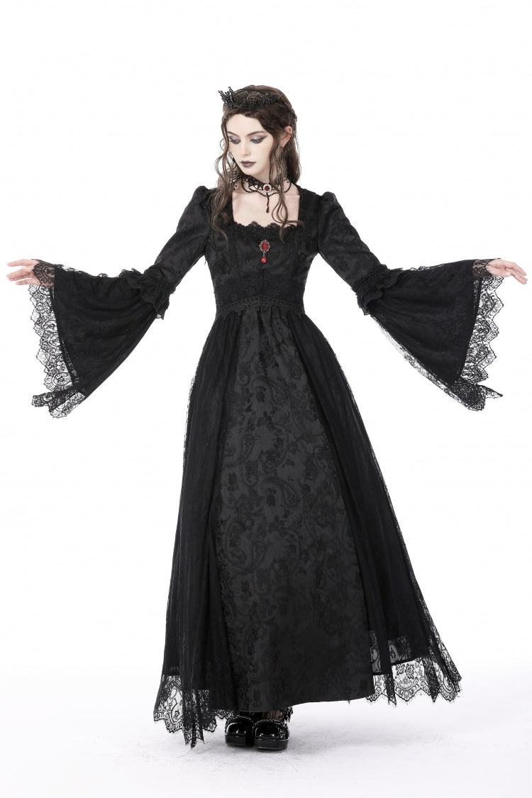 Black Square Collar Long Hime Sleeves Embroidered Lace Spliced Women's Gothic Maxi Wedding Dress - Product - 7