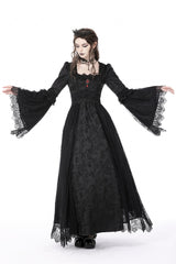 Black Square Collar Long Hime Sleeves Embroidered Lace Spliced Women's Gothic Maxi Wedding Dress - Product - 7