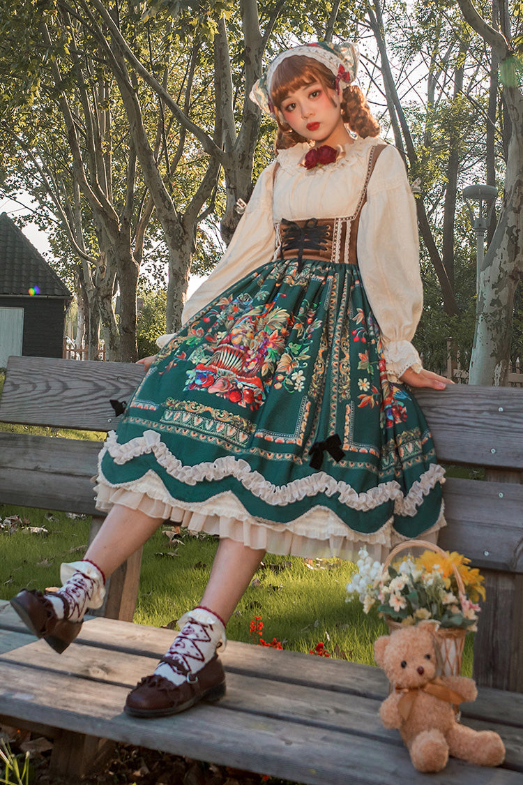 Green [Ode to Plenty] Berries and Birds Print Ruffle Bowknot Velvet Classic Lolita Breast Support Jsk Dress - Product - 17