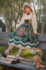 Green [Ode to Plenty] Berries and Birds Print Ruffle Bowknot Velvet Classic Lolita Breast Support Jsk Dress - Product - 17