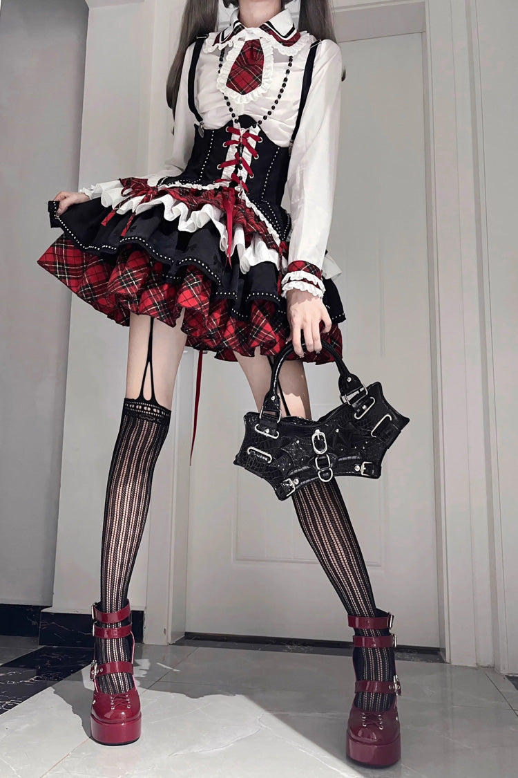 Red/White/Black Multi-layer Ruffle Opera Rock Girl Gothic Lolita Strap Dress Set - Product - 4