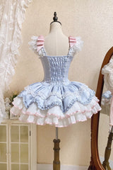 Blue Triple-Layered Ruffled Bow Lace-Up Slim Ballet Sweet Lolita Dress - Product - 9