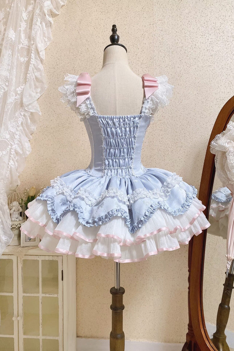 Blue Triple-Layered Ruffled Bow Lace-Up Slim Ballet Sweet Lolita Dress - Product - 9