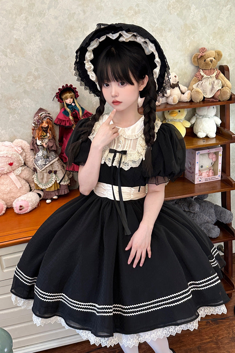 Black Doll Collar Short Sleeves Lace Daily Sweet Elegant Princess Lolita Dress - Product - 8