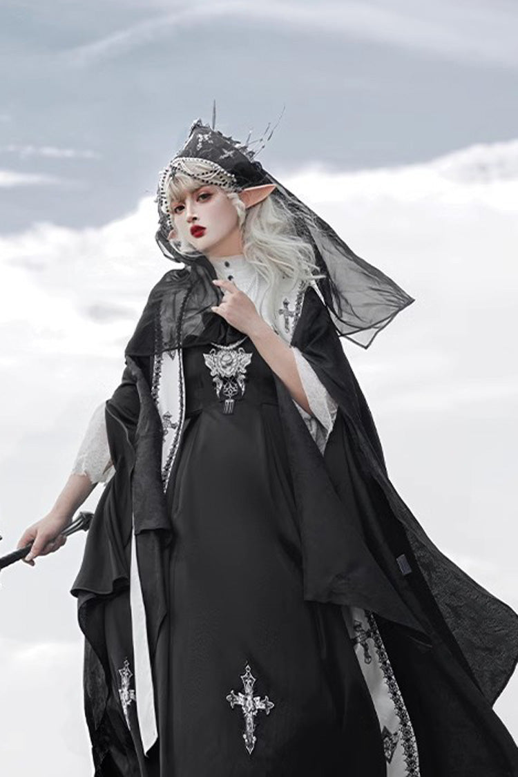 Black [Cross Nun] Stand Collar Off Shoulder Print Bowknot Gothic Elegant Lolita Dress - Product - 9