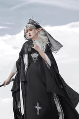 Black [Cross Nun] Stand Collar Off Shoulder Print Bowknot Gothic Elegant Lolita Dress - Product - 9