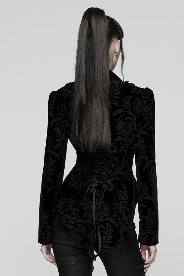 Black Lapel Collar Long Sleeves Lace-Up Zipper Women's Punk Coat - Product - 3