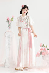 White/Pink [Tulip] Round Collar Short Sleeves High Waisted Printed Women's Sweet Hanfu Set - Product - 3