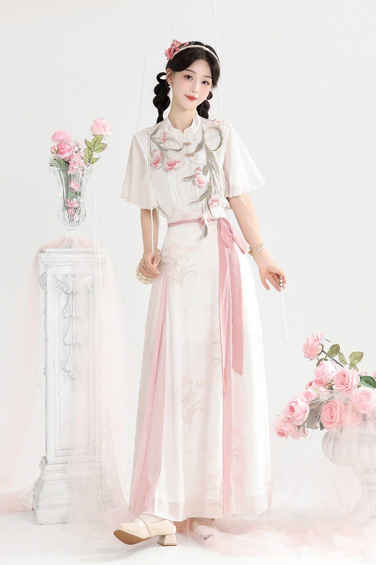 White/Pink [Tulip] Round Collar Short Sleeves High Waisted Printed Women's Sweet Hanfu Set - Product - 3