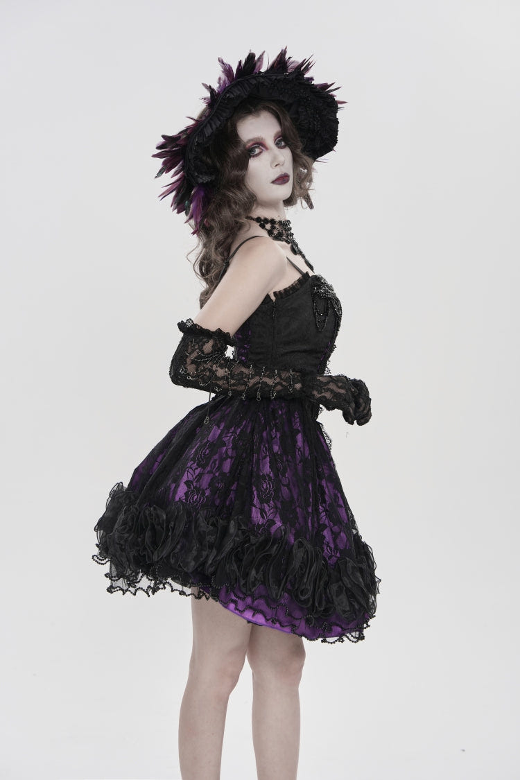 Black/Purple Off Shoulder Double-Layered Printed Cut-Out Lace Lace-Up Women's Gothic Jsk Dress - Product - 9