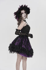 Black/Purple Off Shoulder Double-Layered Printed Cut-Out Lace Lace-Up Women's Gothic Jsk Dress - Product - 9