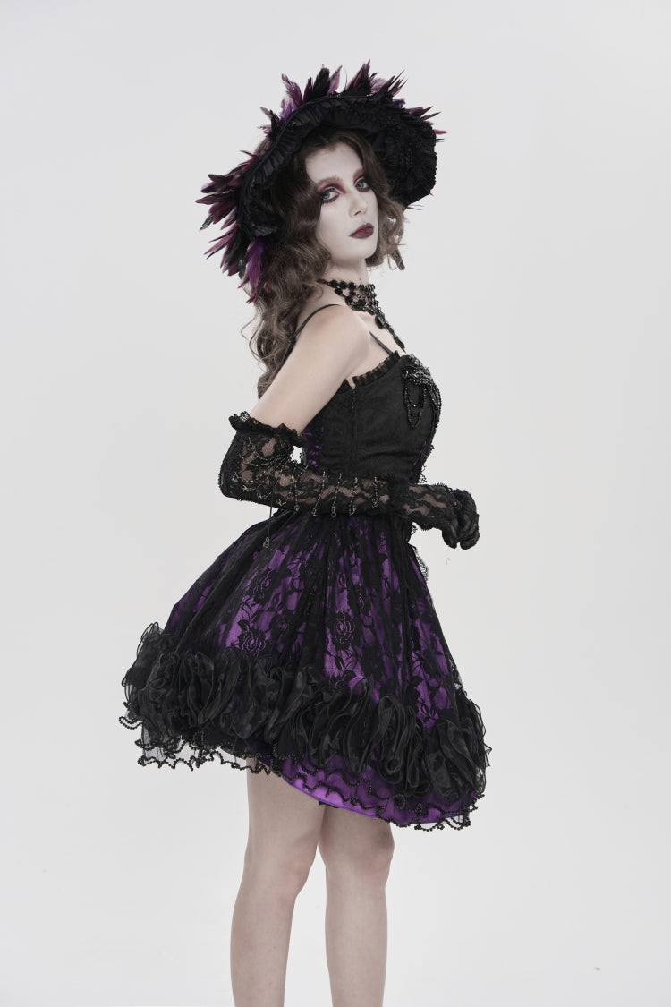 Black/Purple Off Shoulder Double-Layered Printed Cut-Out Lace Lace-Up Women's Gothic Jsk Dress - Product - 9