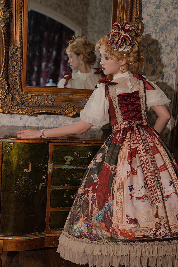 Red [Kaleidoscope of Dreams] Sleeveless Double-Layered Print Embroidery Bowknot Classic Vintage Gorgeous Lolita Jsk Dress - Product - 5