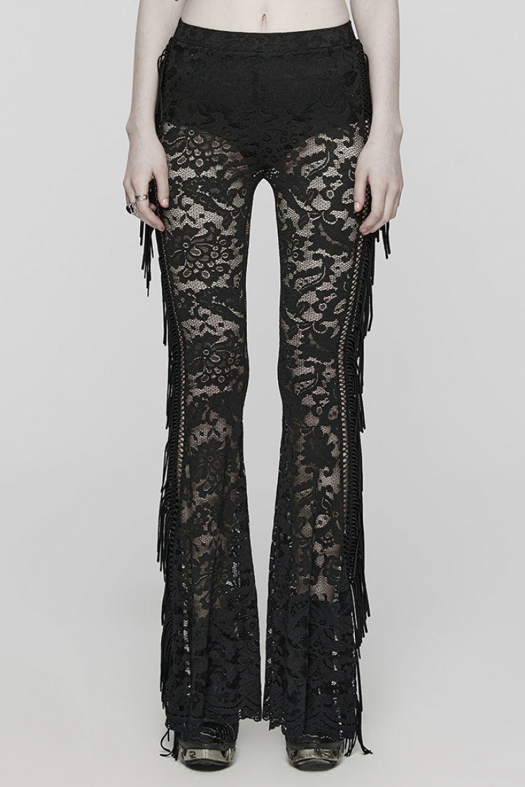 Lace Sheer Mesh Tassels Women's Gothic Flared Pants 2 Colors - Black - 1