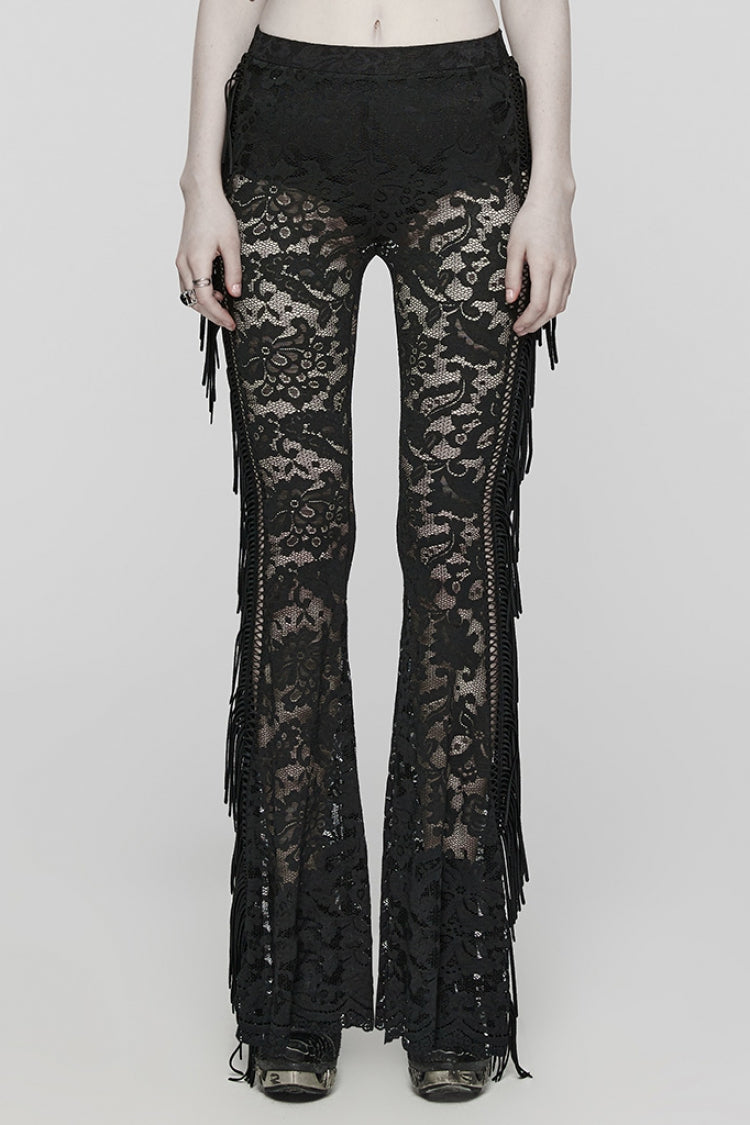 Lace Sheer Mesh Tassels Women's Gothic Flared Pants 2 Colors - Black - 1
