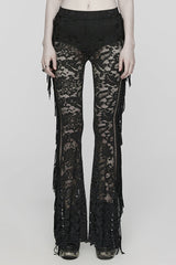 Lace Sheer Mesh Tassels Women's Gothic Flared Pants 2 Colors - Black - 1