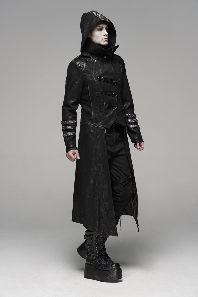 Black Stand Collar Stretch Twill Fabric Hooded Men's Gothic Long Jacket - Product - 4