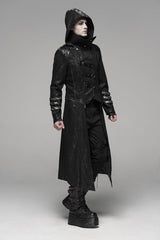 Black Stand Collar Stretch Twill Fabric Hooded Men's Gothic Long Jacket - Product - 4