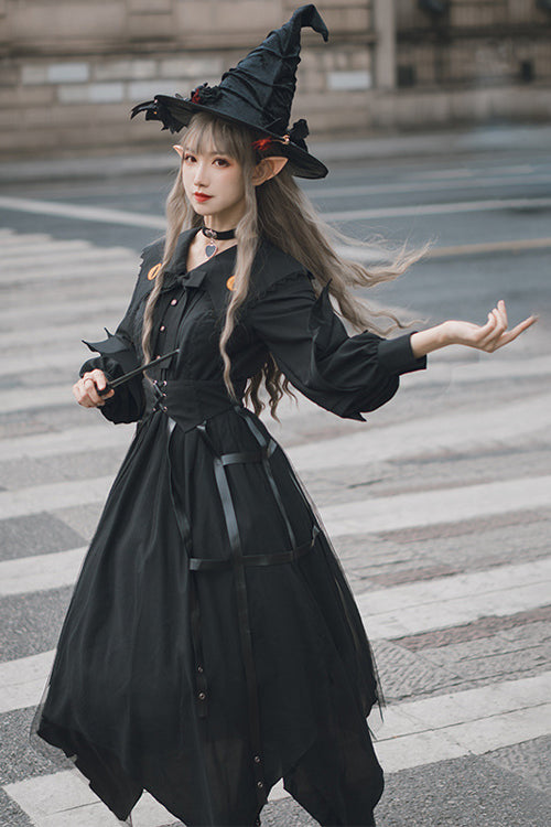 Black Lapel Collar Cat Eye Irregular Hem Gothic Lolita OP Dress - Product - 3