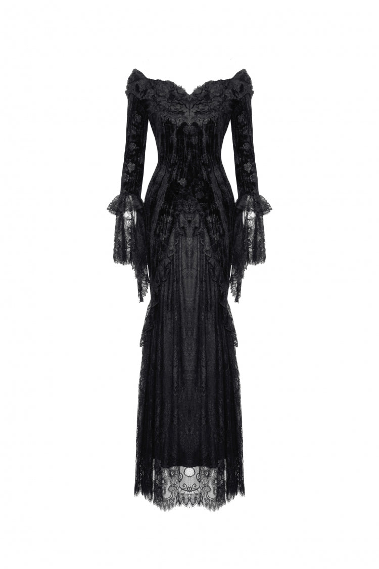 Black Off Shoulder Lace Long Trumpet Sleeves Lace-Up Women's Gothic Bodycon Dress - Product - 3