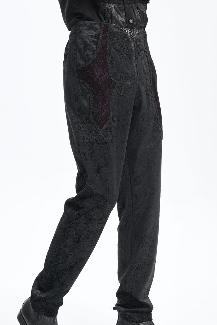 Black Floral Branded Print Embroidery Zipper Men's Gothic Pants - Product - 8