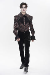 Red  Cross Spider Turn-down Collar Long Trumpet Sleeves Printed Lace Men's Gothic Shirt - Product - 6