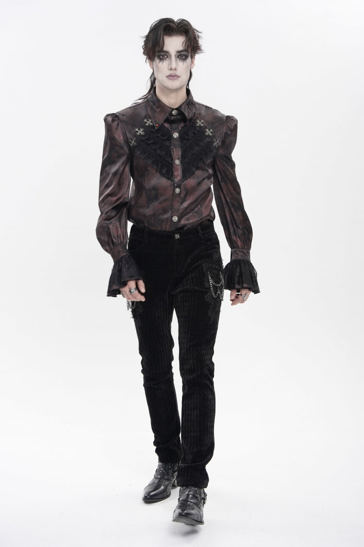Red  Cross Spider Turn-down Collar Long Trumpet Sleeves Printed Lace Men's Gothic Shirt - Product - 6