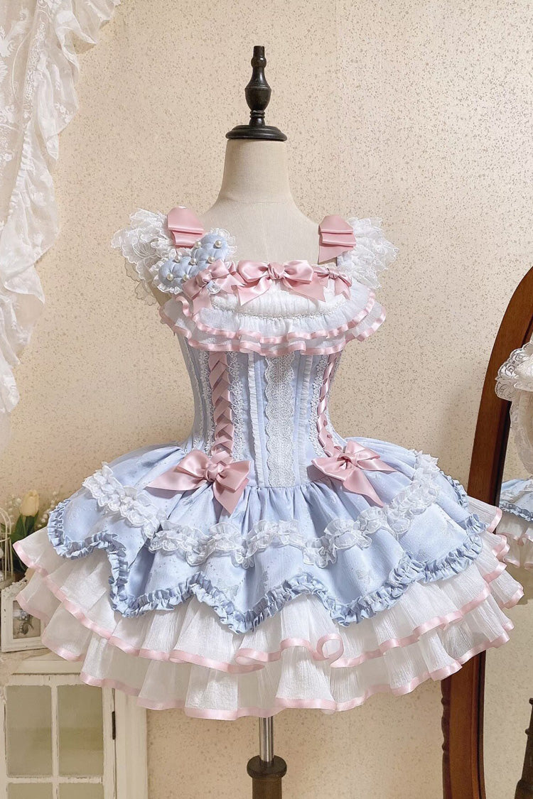 Blue Triple-Layered Ruffled Bow Lace-Up Slim Ballet Sweet Lolita Dress - Product - 7