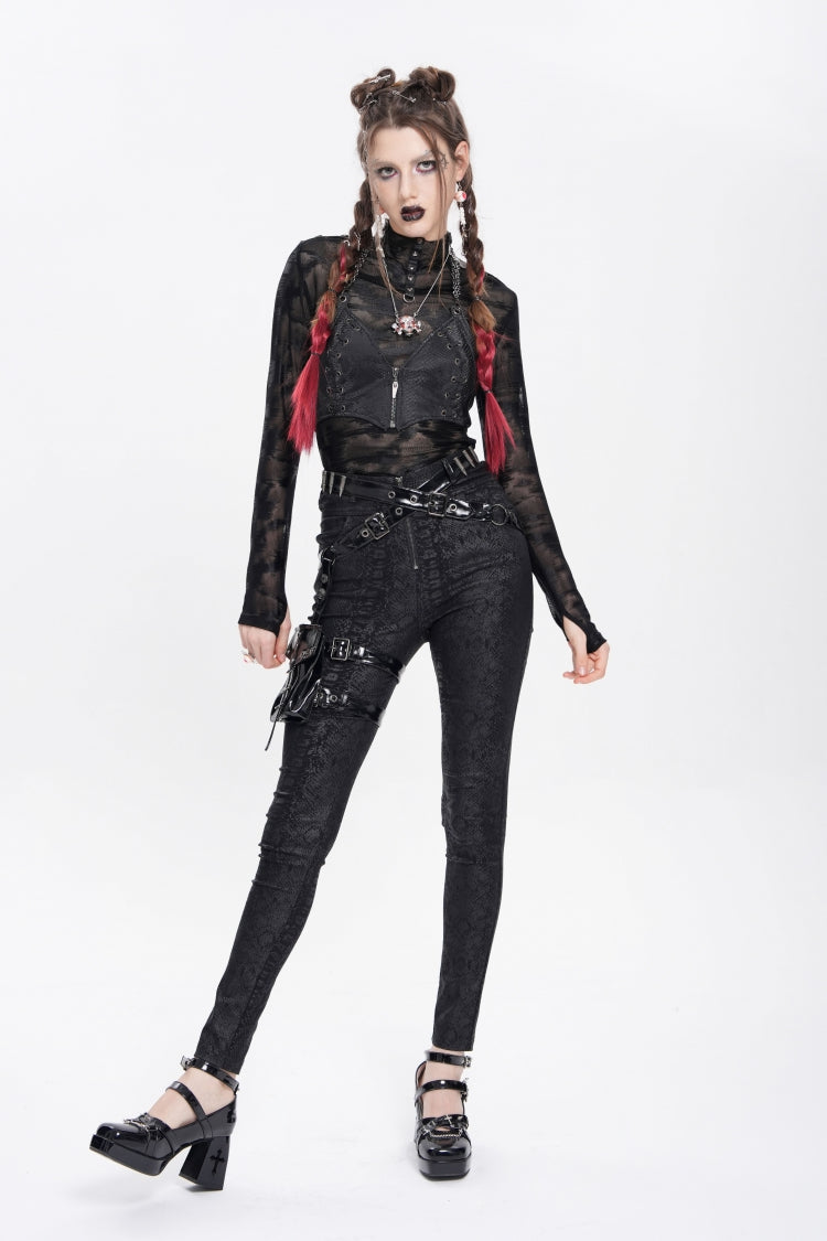 Black Print Buckle Straps Women's Punk Pants with Leg Bag - Product - 7