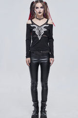 Black Punk Devil Sheep Head Printed Long Sleeves Off The Shoulder Women's Shirt - Product - 5