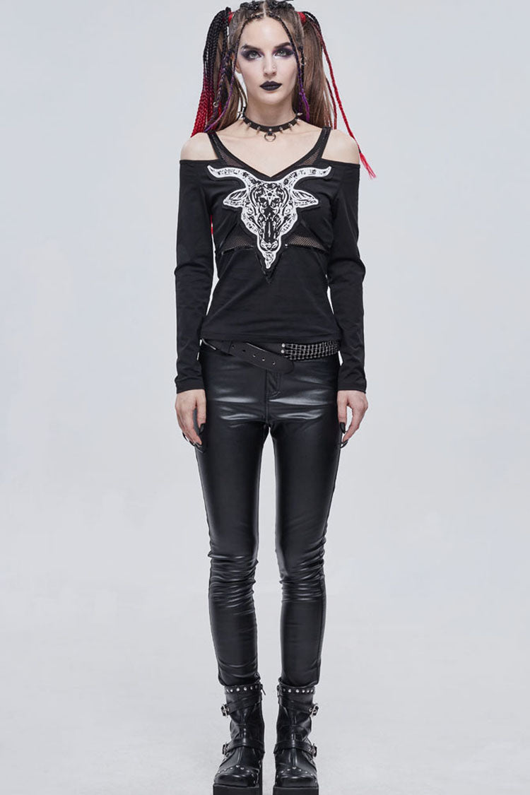 Black Punk Devil Sheep Head Printed Long Sleeves Off The Shoulder Women's Shirt - Product - 5