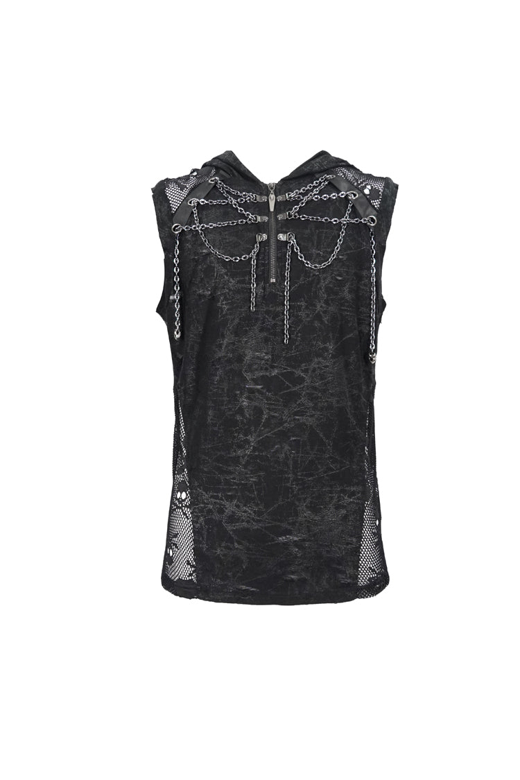 Black Skull Hollowed Out Print Stitched Sleeveless Chain Hoodie Men's Punk Shirt - Product - 6